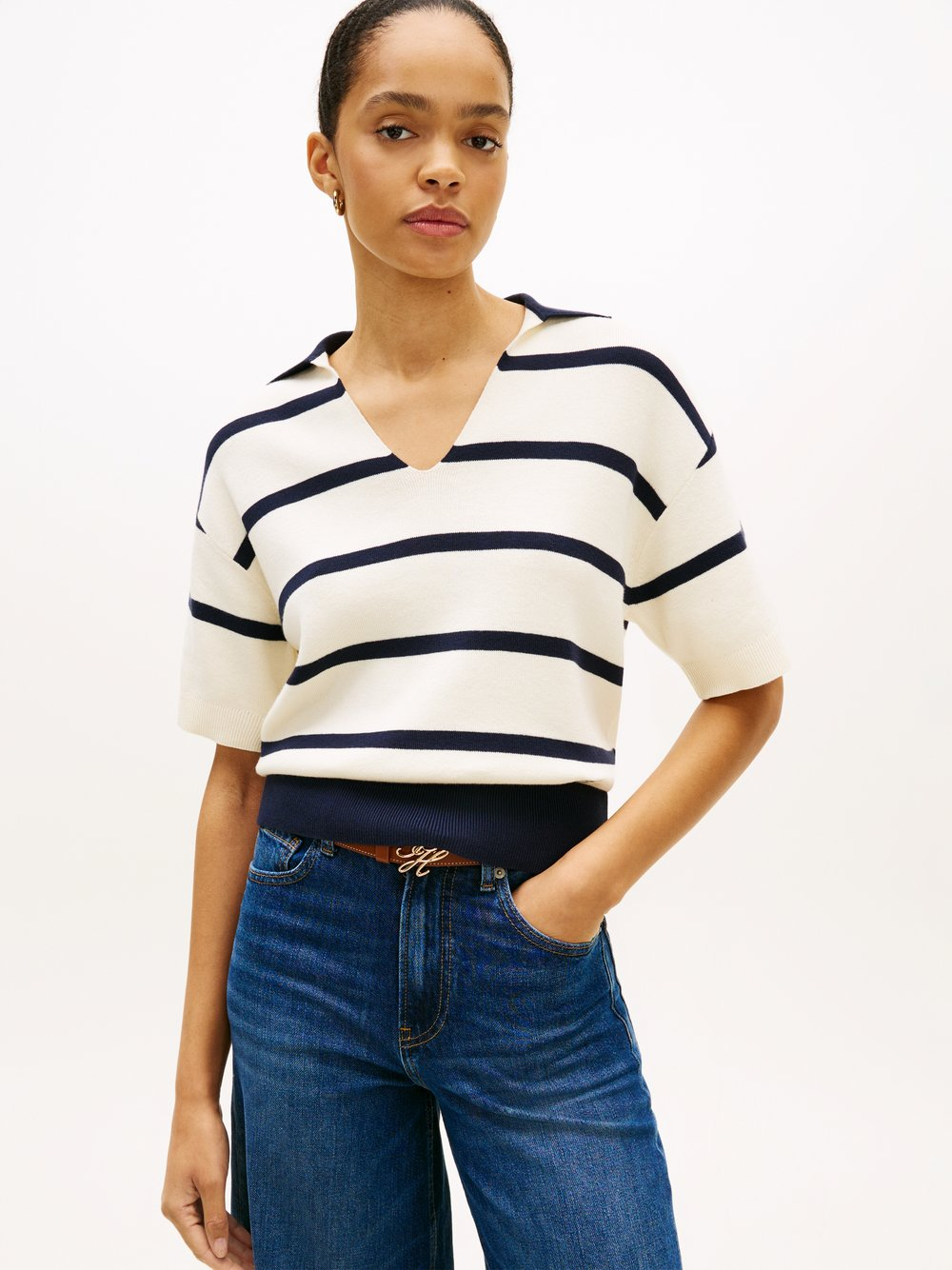 Tommy Hilfiger Damska koszulka polo z dzianiny Kobiety Bawełna biały|niebieski, XL
