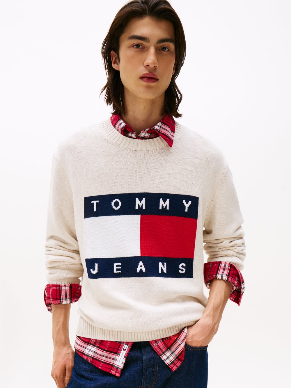 Tommy Jeans Męski sweter z dzianiny Mężczyźni Bawełna beżowy|wielokolorowy, L