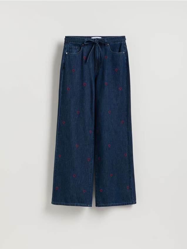 Reserved - Jeansy wide leg z haftem - granatowy
