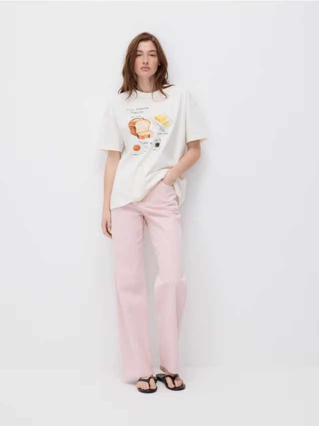 Reserved - Jeansy wide leg w prążek - różowy