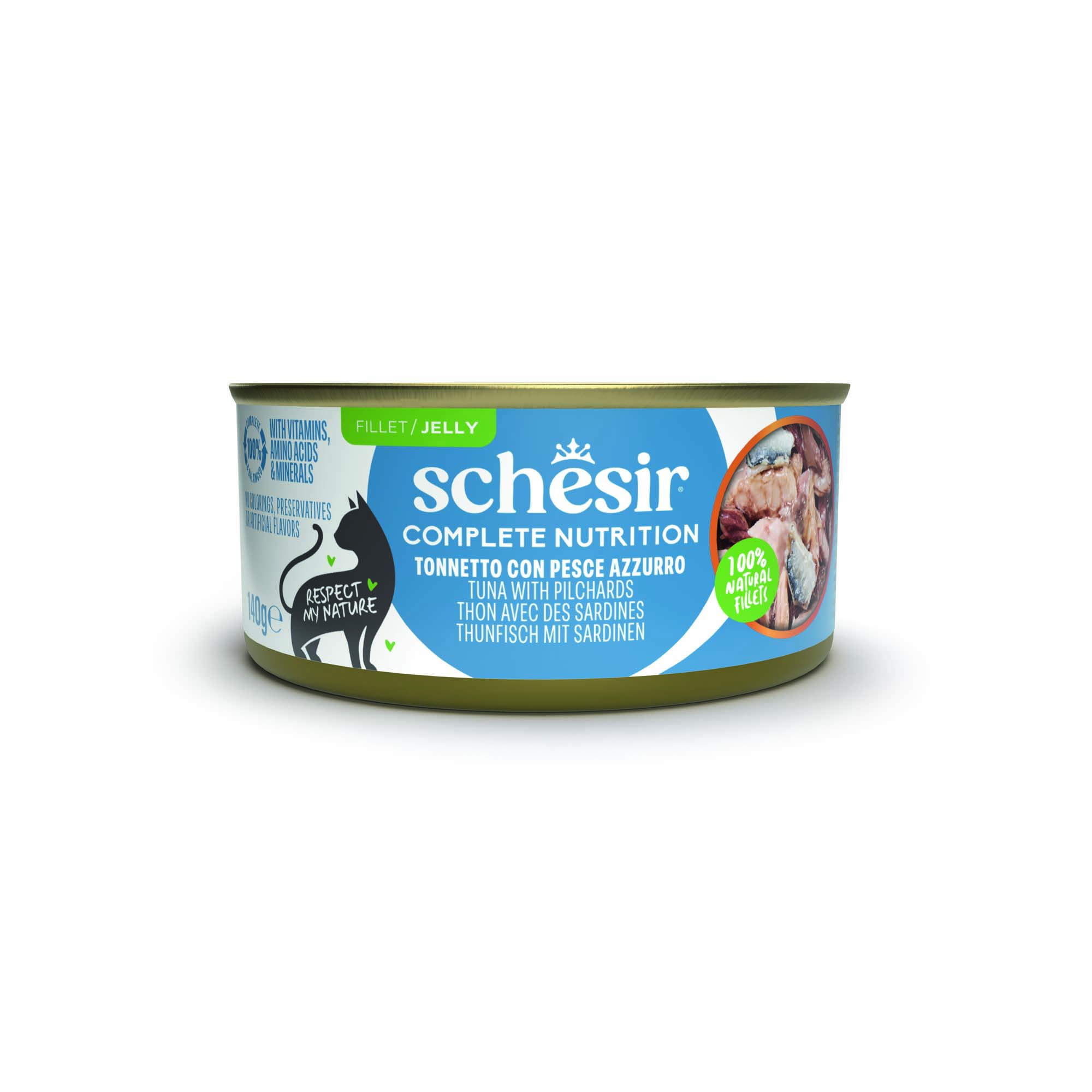 Korzystny pakiet Schesir Complete Nutrition, filet w galarecie, 24 x 140 g - Tuńczyk z sardynkami