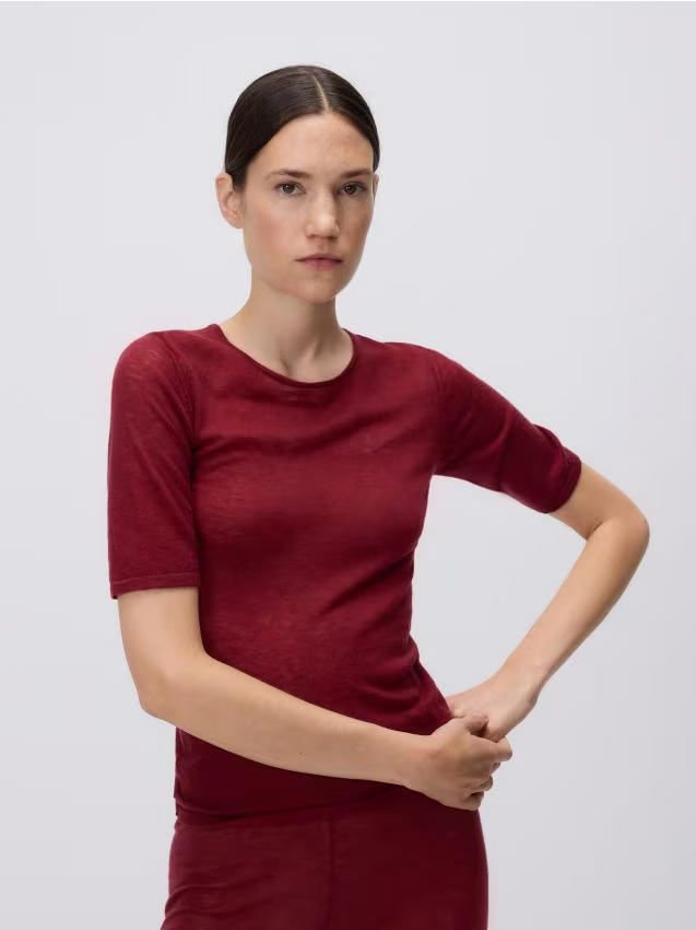Reserved - Wełniany t-shirt - burgundowy