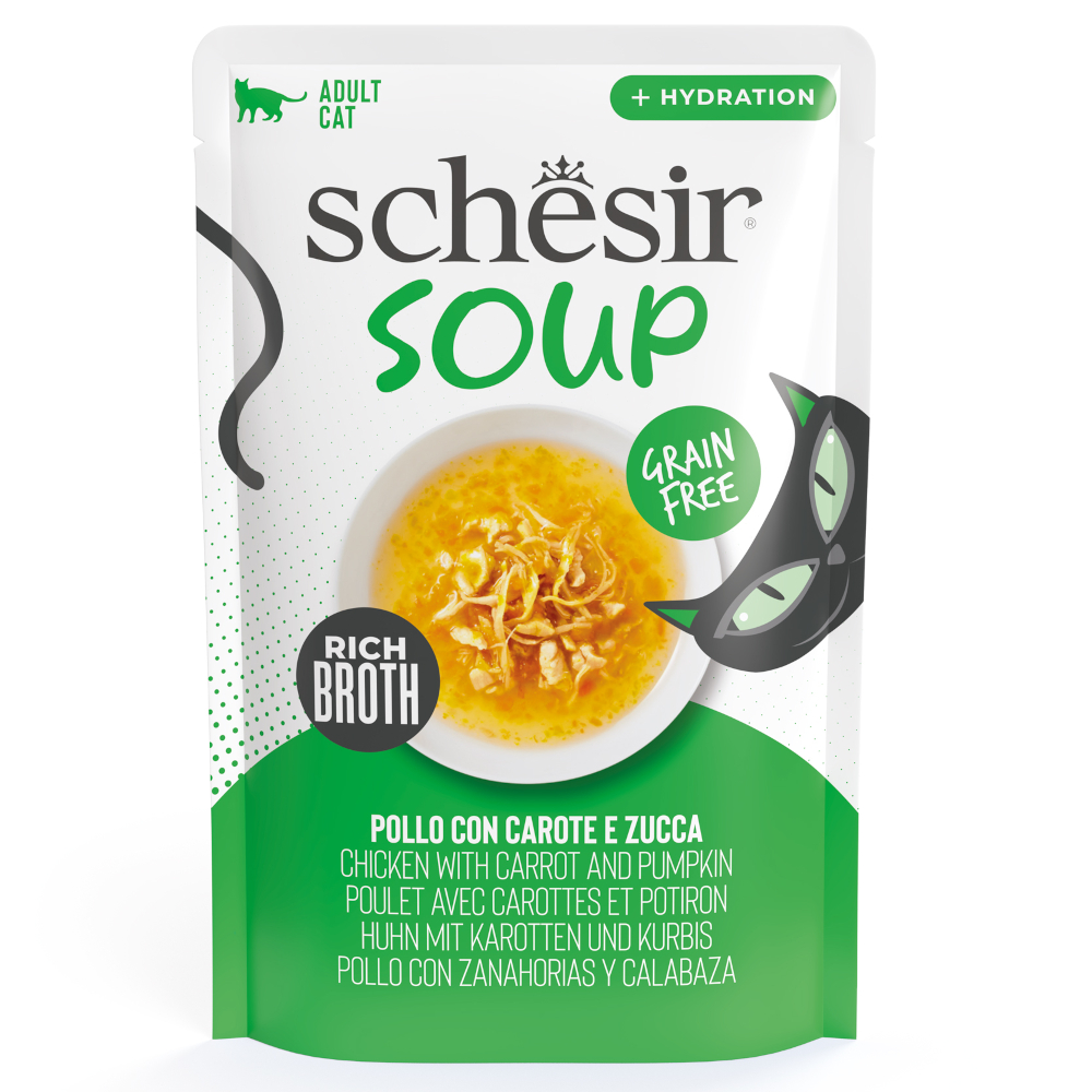 Schesir Cat Soup, zupa dla kota, 12 x 40 g w saszetkach - Kurczak z marchewką i dynią