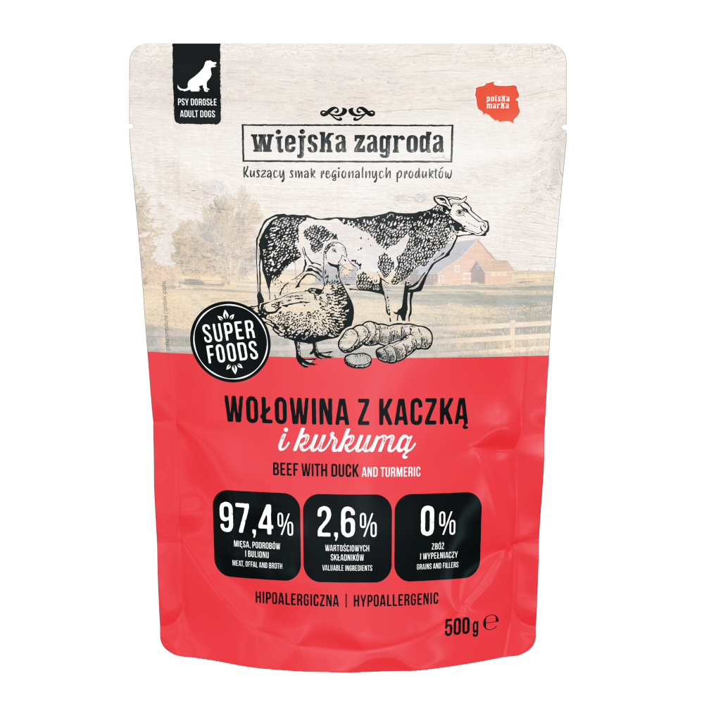Wiejska Zagroda dla psa, saszetki, 500 g - Wołowina z kaczką