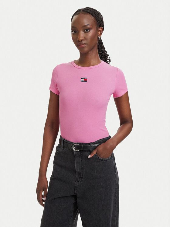 Tommy Jeans T-Shirt Badge DW0DW17881 Różowy jasny Slim Fit