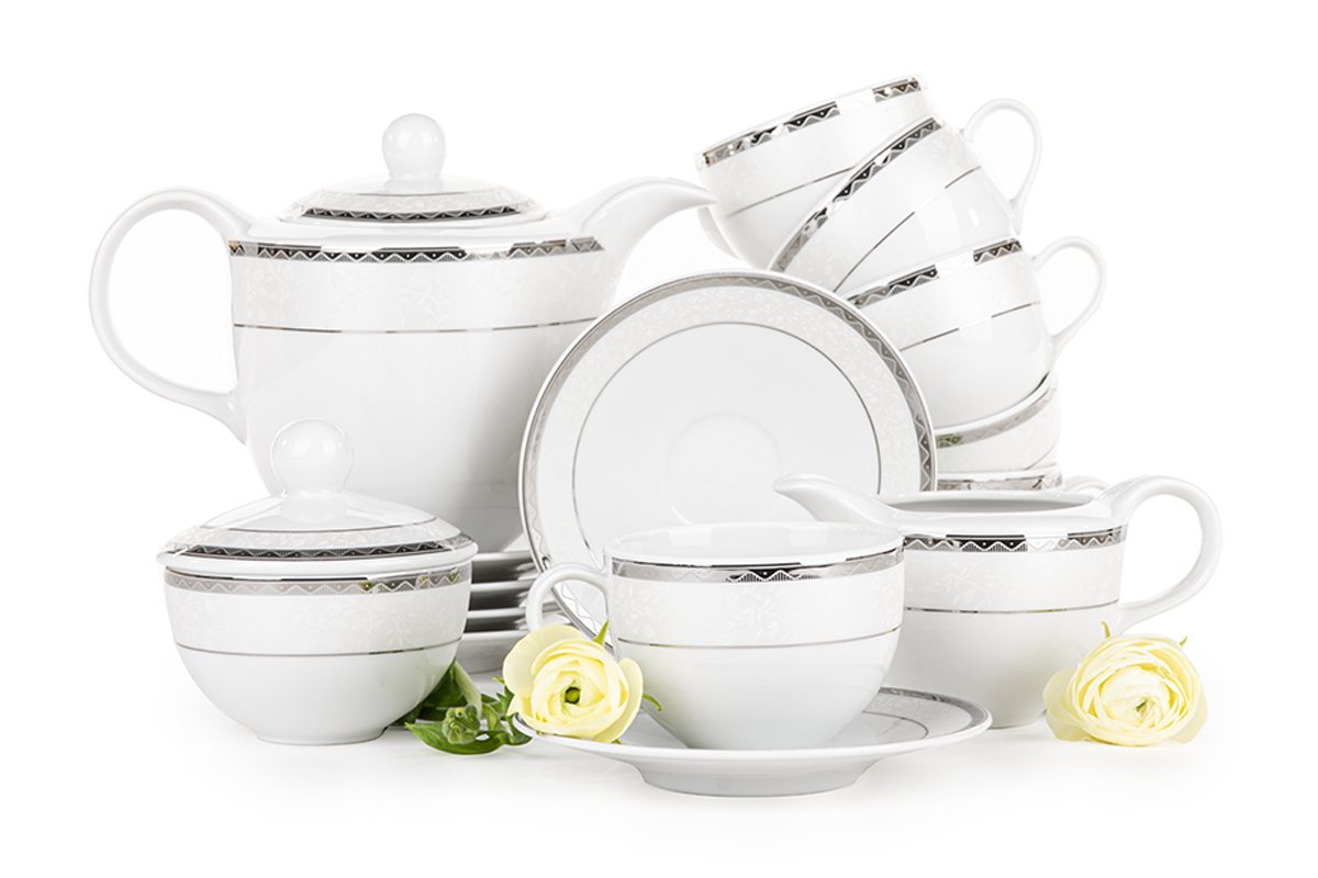 Zestaw kawowy porcelana 9 elementów biały / platynowy wzór dla 6 os. AMELIA PLATYNA