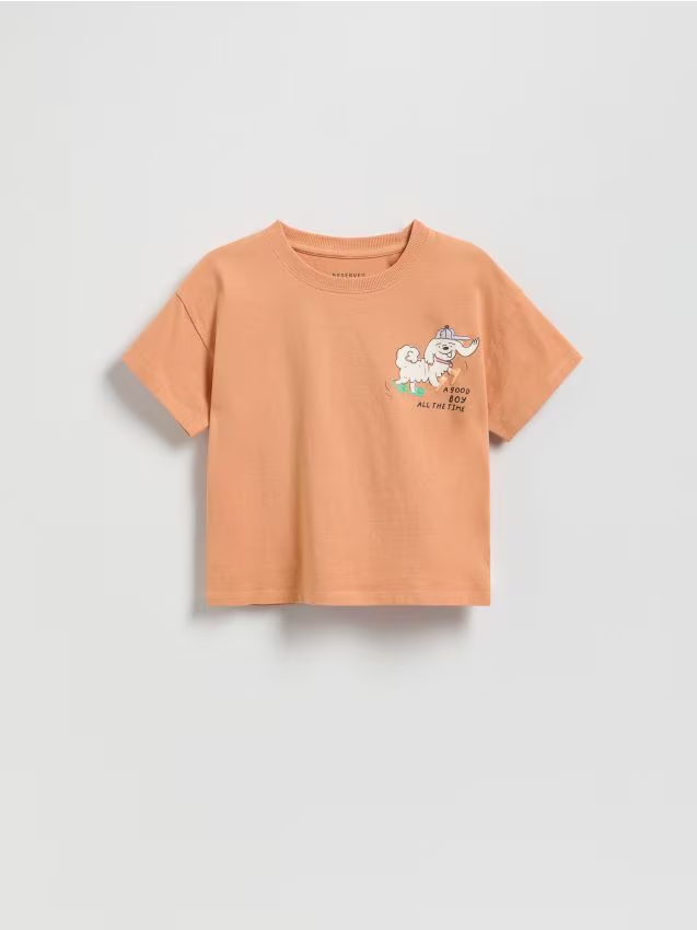 Reserved - Bawełniany t-shirt z nadrukiem - brzoskwiniowy