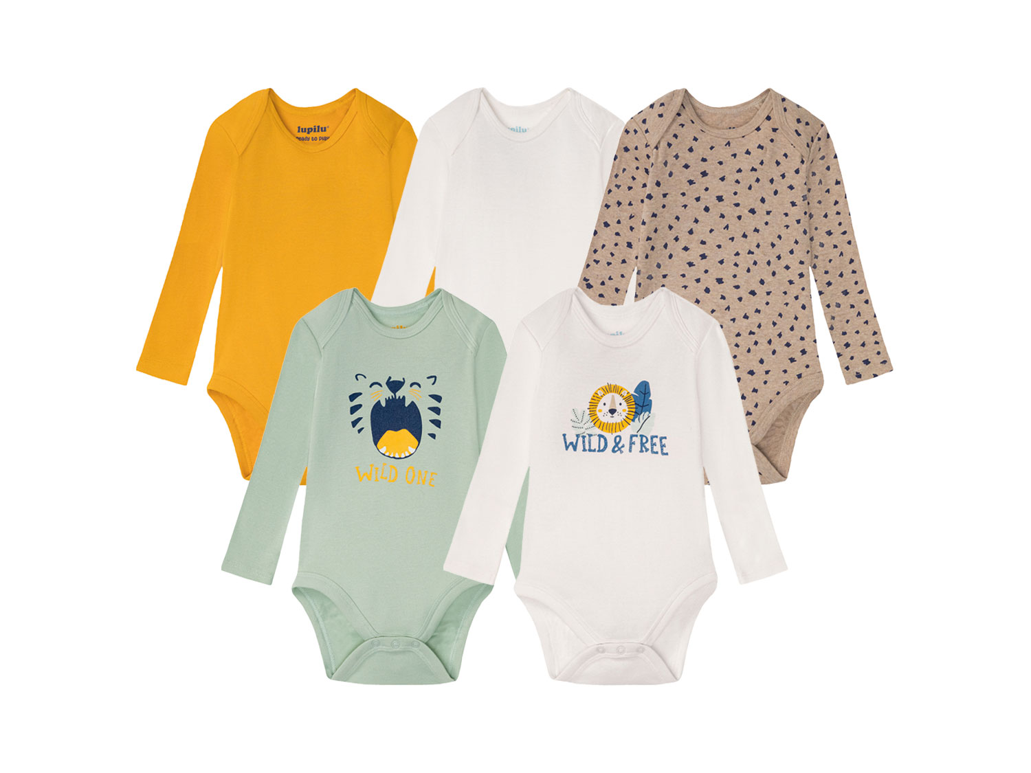 lupilu® Body niemowlęce z biobawełny, 5 sztuk (62/68, Miętowy/ biały/ żółty/ beżowy)