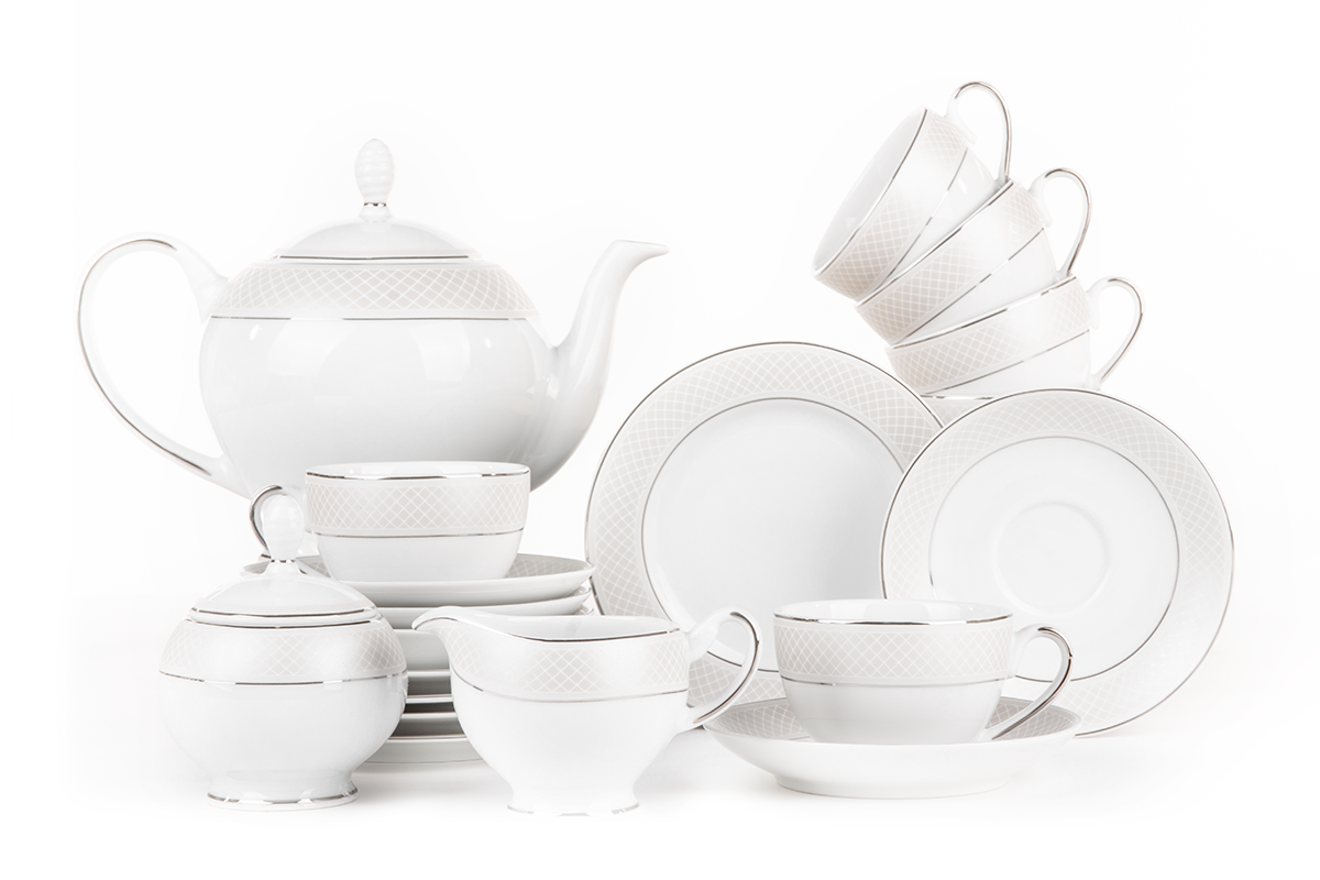 Serwis herbaciany polska porcelana 15 elementów biały / platynowy wzór dla 6 os. SCANIA