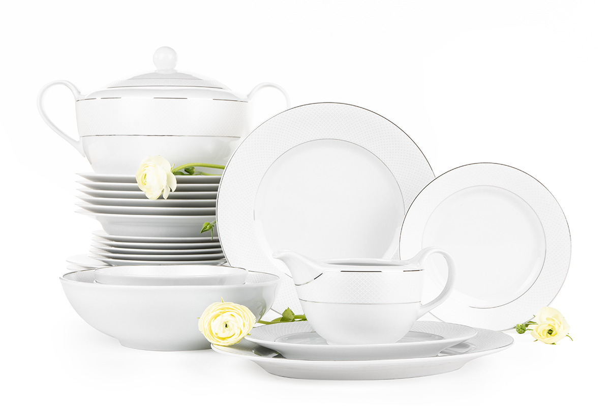 Zestaw obiadowy porcelana 25 elementów biały / srebrny wzór dla 6 os. AMELIA SATYNA