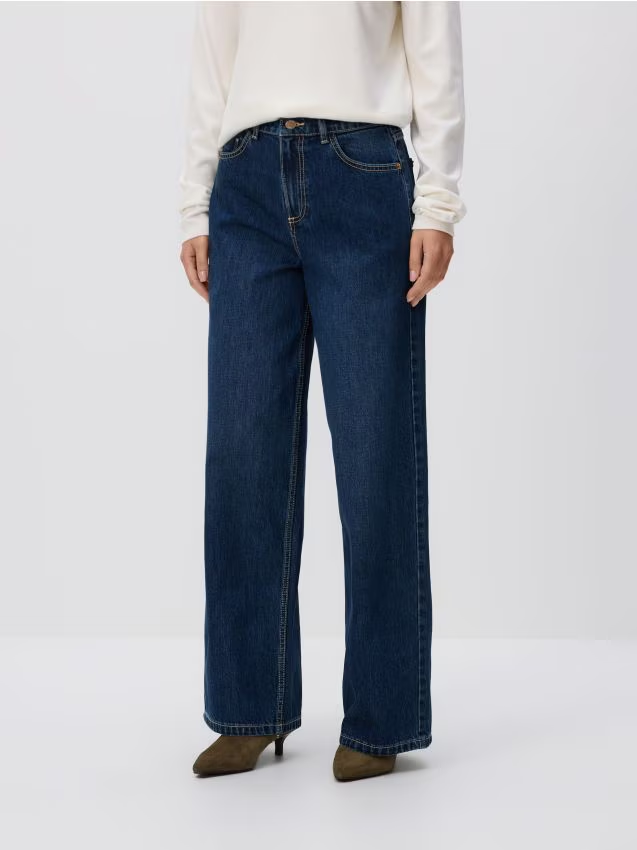 Reserved - Jeansy wide leg z wysokim stanem - granatowy