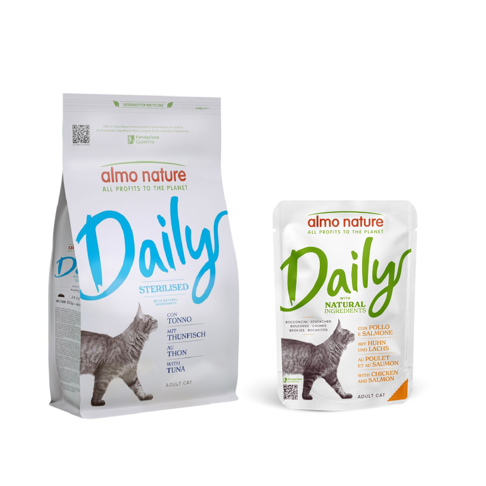 Almo Nature Daily: karma sucha dla kota, 1,2 kg / 12 kg + Menu, karma mokra, 6 x 70 g w super cenie! - Sterilised, tuńczyk, 1,2 kg + kurczak i łosoś, 6 x 70 g