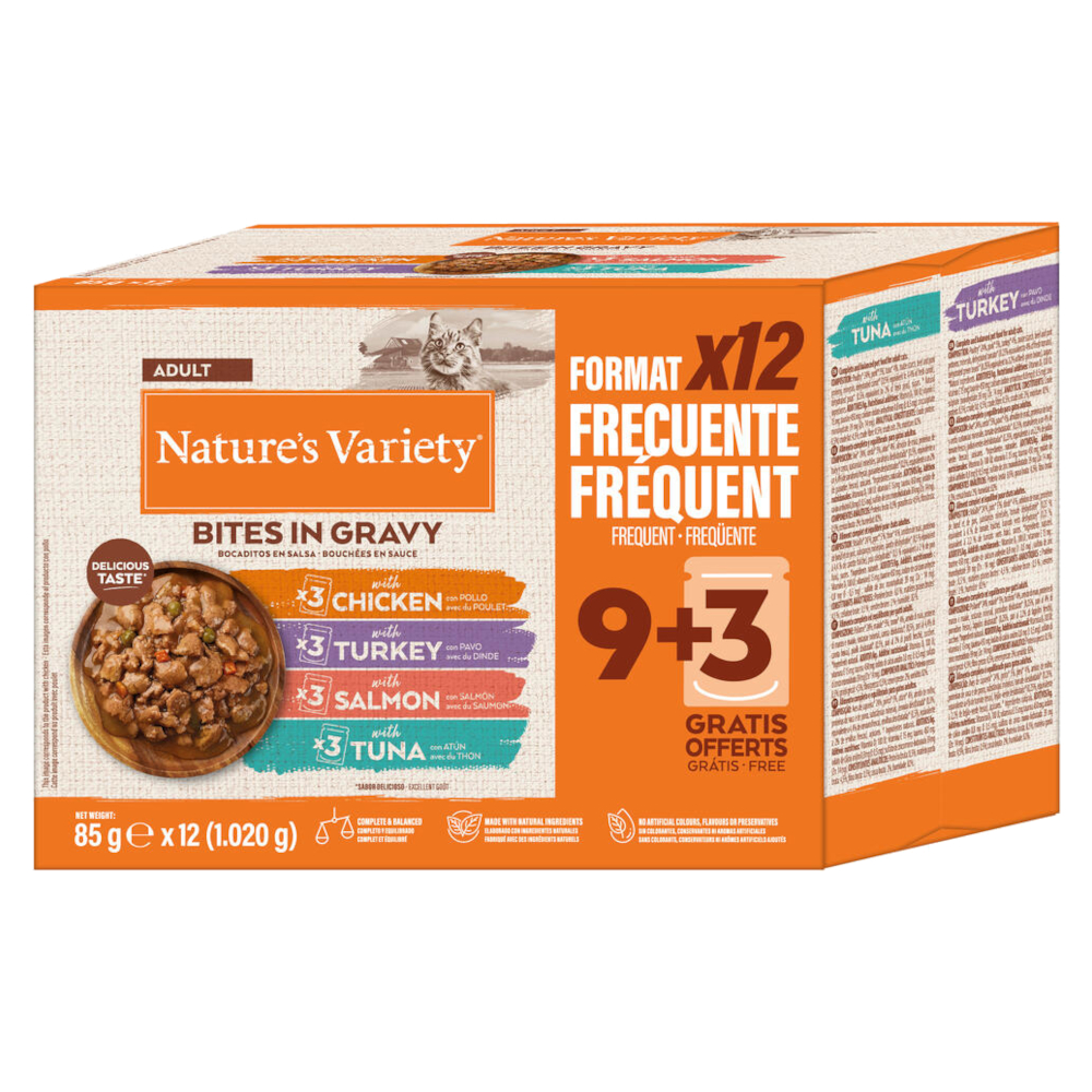 8 + 4 / 16 + 6 / 16 + 8 / 30 + 14 gratis! Nature's Variety, różne rodzaje - Bites w sosie, Pakiet mieszany (4 smaki), 24 x 85 g (16 + 8 gratis!)