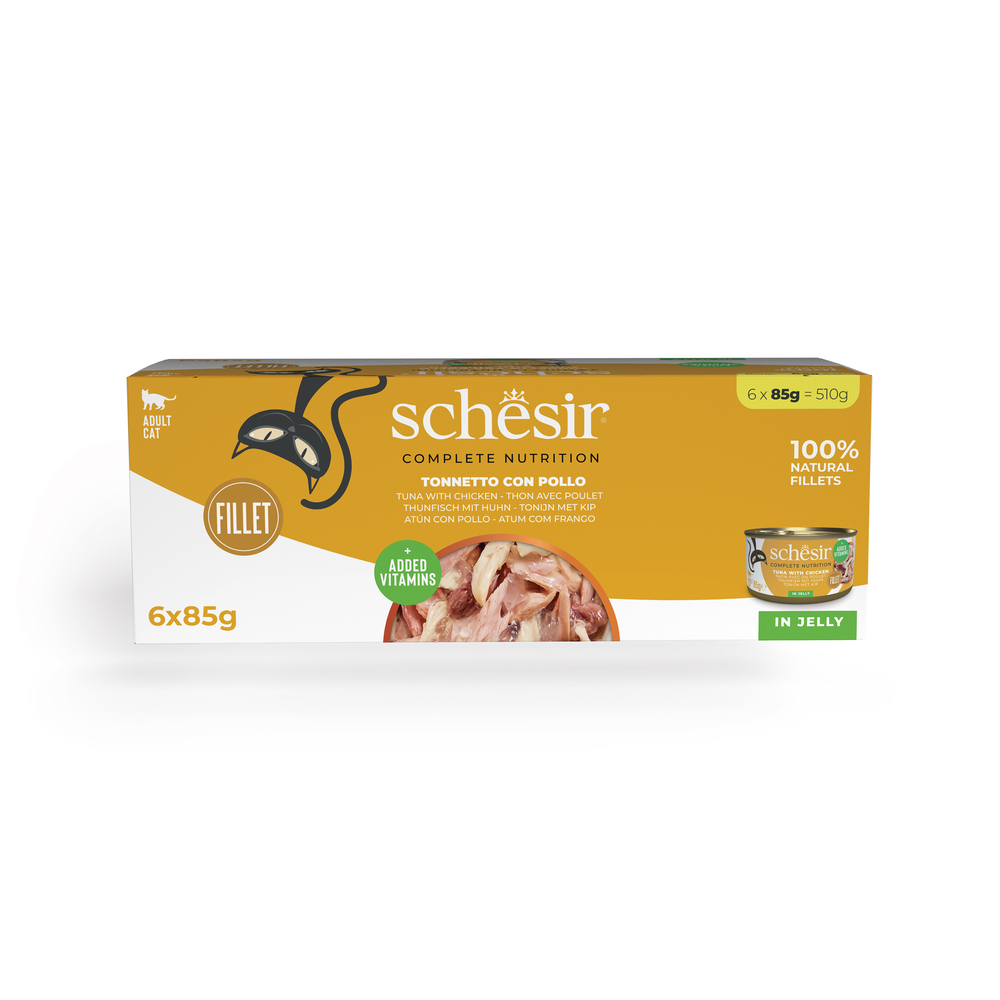 Schesir Complete Nutrition, filet w galarecie, 6 x 85 g w puszce - Tuńczyk z kurczakiem