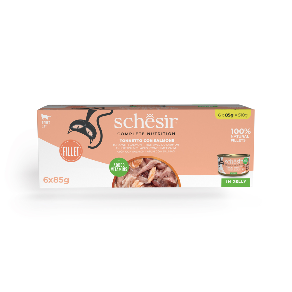Schesir Complete Nutrition, filet w galarecie, 6 x 85 g w puszce - Tuńczyk z łososiem