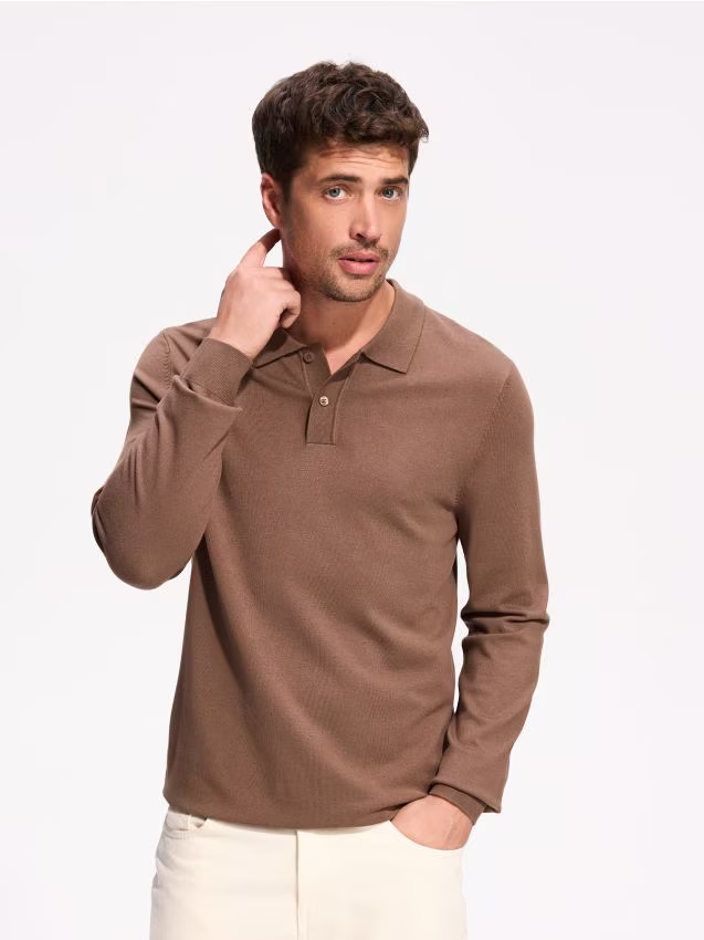 Reserved - Wiskozowy sweter polo - brązowy