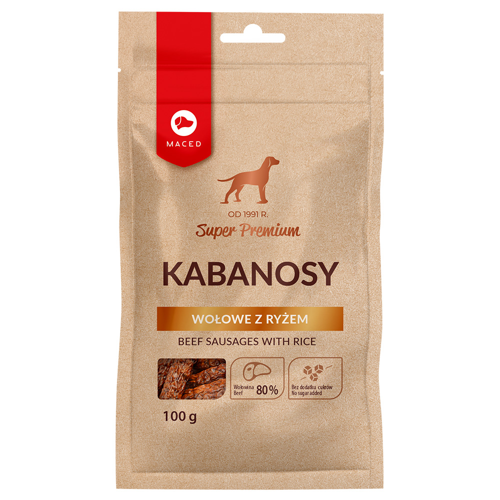 Potrójne zoopunkty! Maced, przysmaki dla psa, różne rodzaje - Super Premium, kabanosy wołowe z ryżem, 100 g