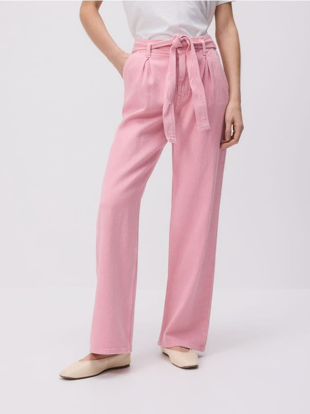 Reserved - Jeansy wide leg z wiązaniem - różowy miniaturka