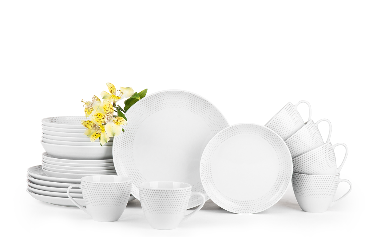 Serwis obiadowo-kawowy polska porcelana 6 os. 24 elementy Biały / wzór trójkątów NORA TRÓJKĄTY