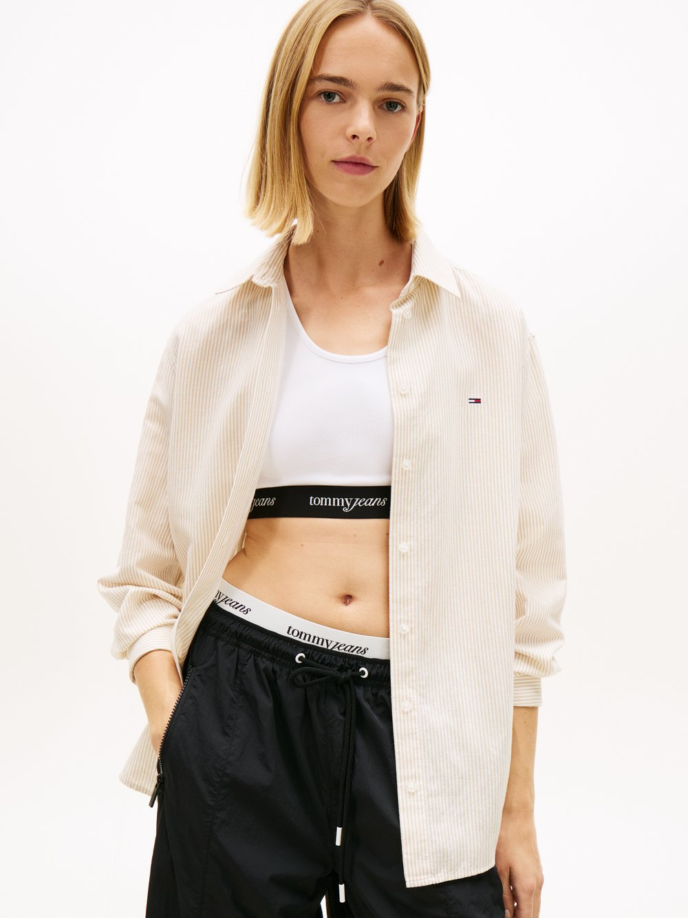 Tommy Jeans Damska bluzka koszulowa z zawartością lnu Kobiety Bawełna beżowy, L