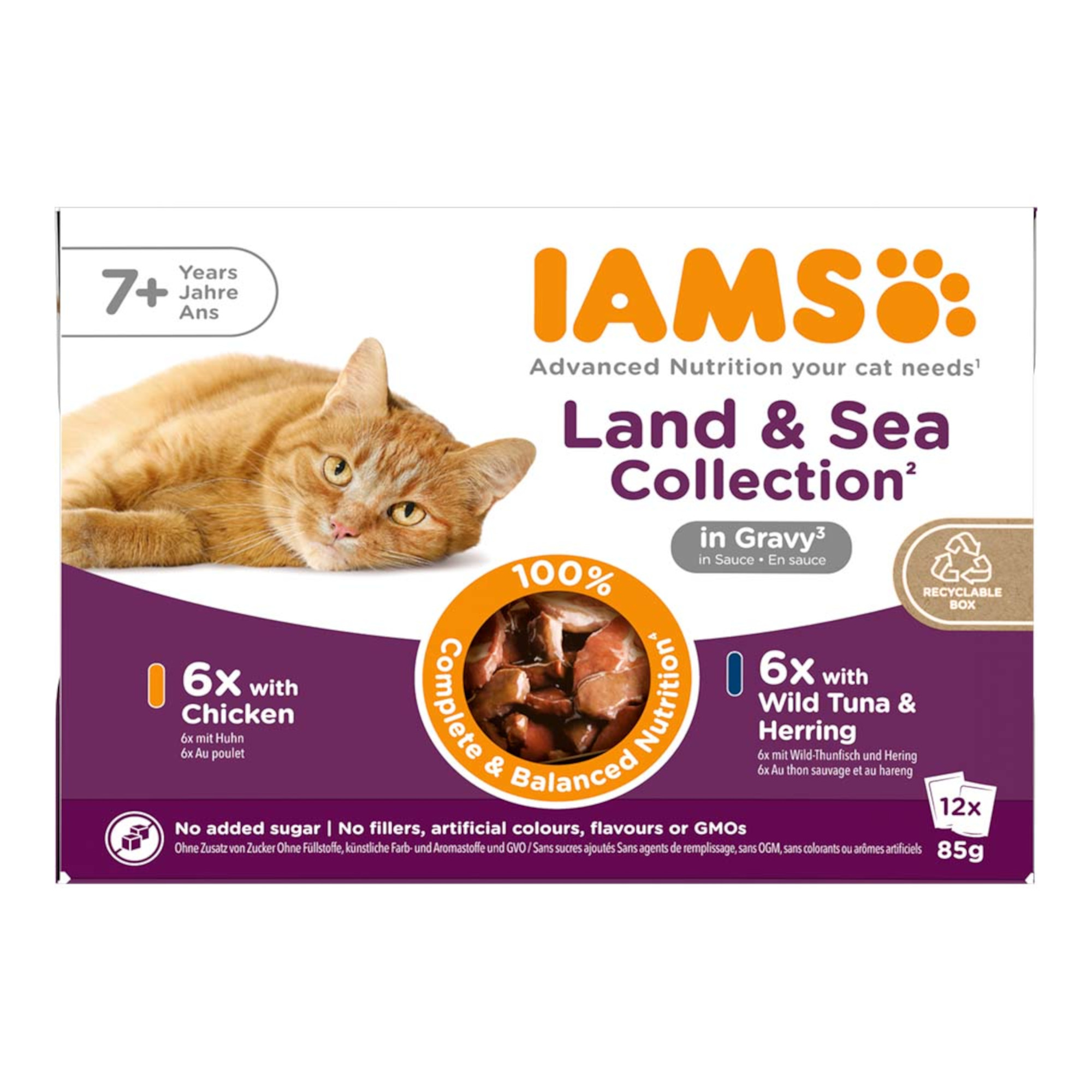 36 + 12 gratis! IAMS Advanced Nutrition, karma mokra dla kota, 48 x 85 g - Senior Land & Sea Collection w sosie, pakiet mieszany I (2 smaki)