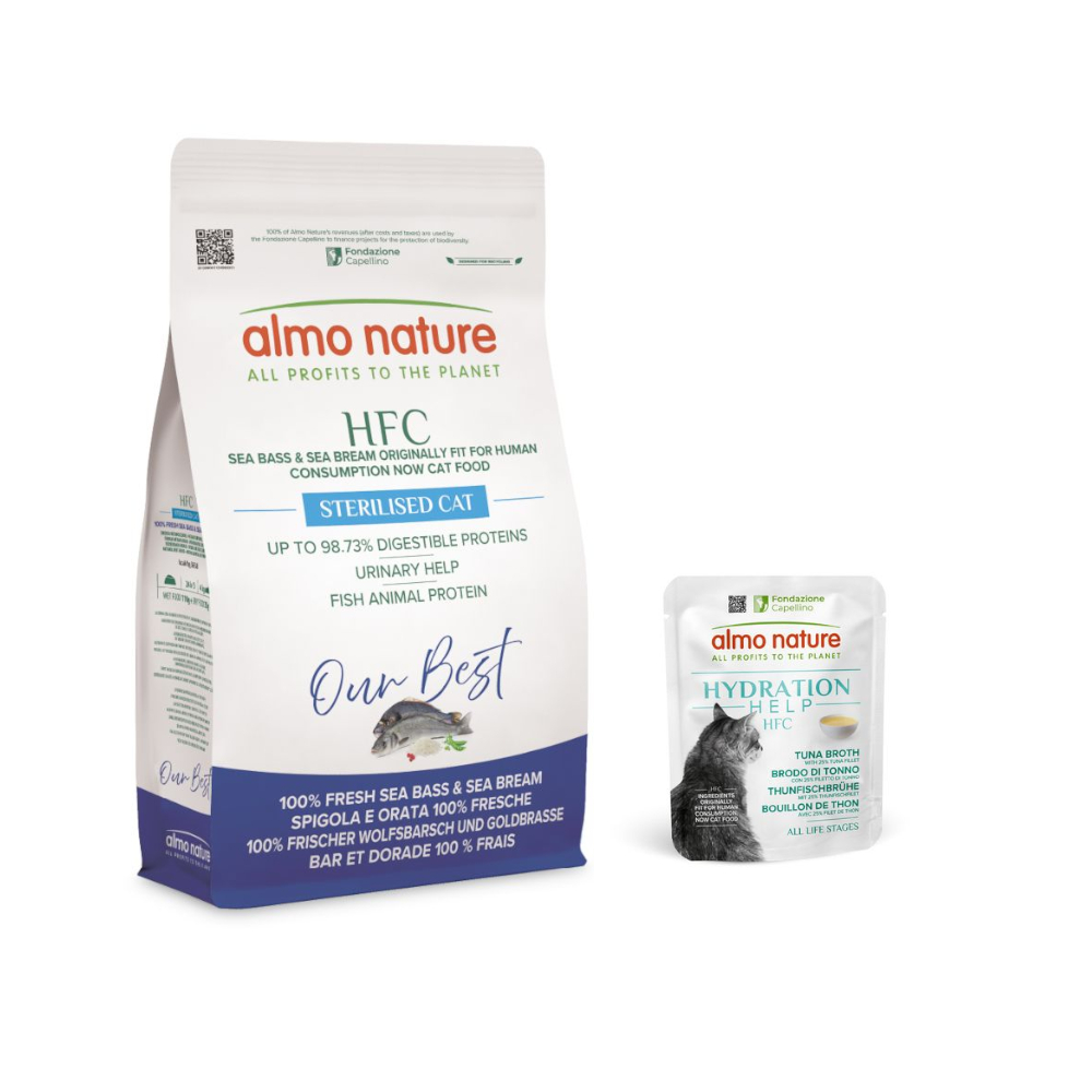 Almo Nature HFC: karma sucha, 1,2 kg + Hydration Help, 6 x 50 g gratis! - Longevity Sterilised, okoń morski i dorada + Bulion z tuńczyka z filetem z tuńczyka
