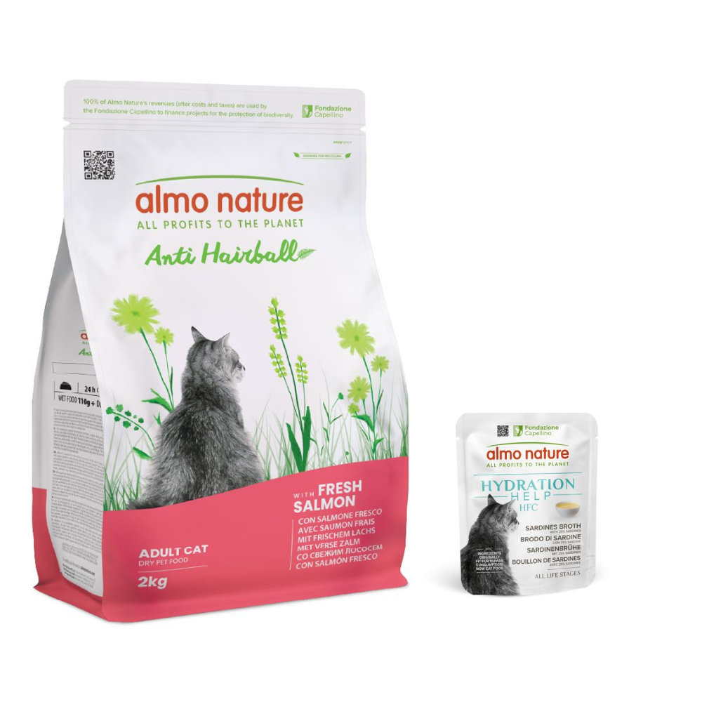Almo Nature: Functional, karma sucha dla kota, 2 kg + HFC Hydration Help, 6 x 50 g gratis! - Anti Hairball, łosoś, 2 kg + Bulion z sardynek z sardynkami, 6 x 50 g