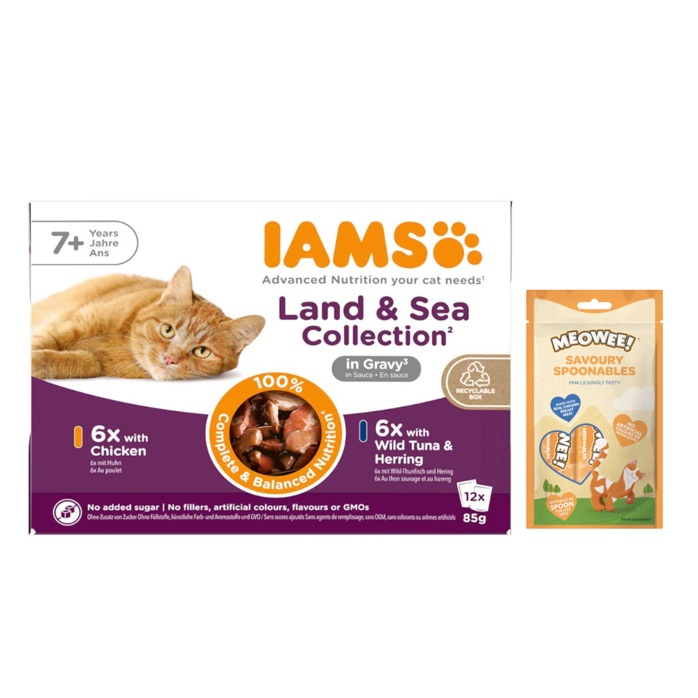 12 x 85 g IAMS Advanced Nutrition + Meowee! Savoury Spoonables, 8 x 14 g gratis! - Senior Land & Sea Collection w sosie, pakiet mieszany (2 smaki)