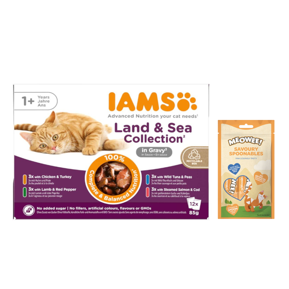 12 x 85 g IAMS Advanced Nutrition + Meowee! Savoury Spoonables, 8 x 14 g gratis! - Pakiet mieszany Adult, Land & Sea, w sosie