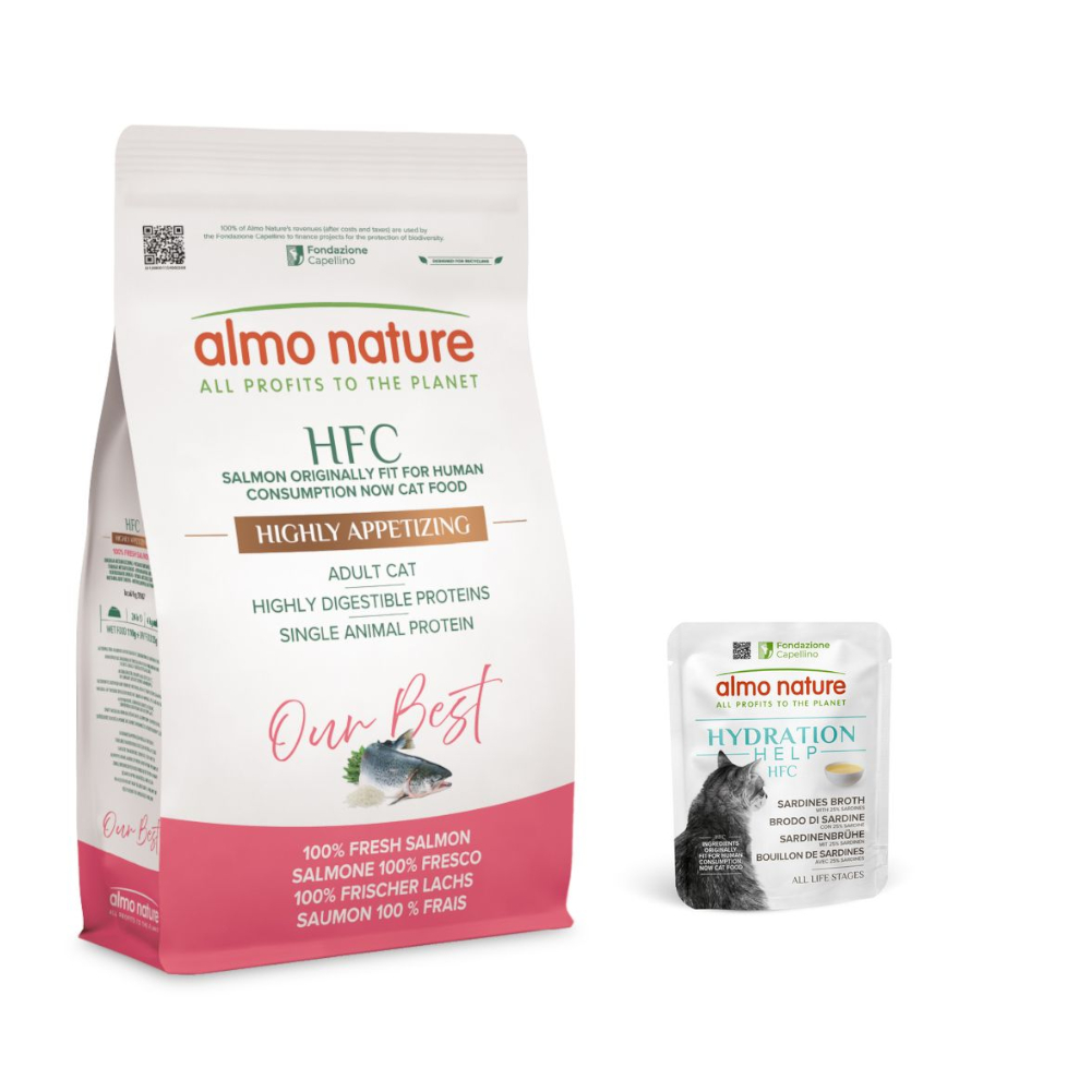 Almo Nature HFC: karma sucha, 1,2 kg + Hydration Help, 6 x 50 g gratis! - Our Best Highly Appetizing, łosoś + Bulion z sardynek z sardynkami