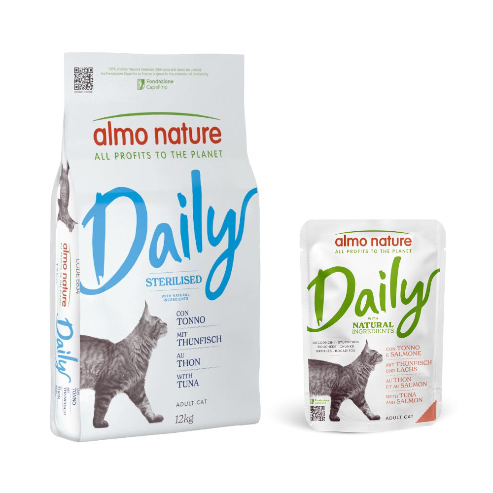 Almo Nature Daily: karma sucha dla kota, 1,2 kg / 12 kg + Menu, karma mokra, 6 x 70 g w super cenie! - Sterilised, tuńczyk, 12 kg + tuńczyk i łosoś, 6 x 70 g