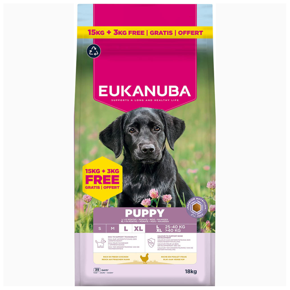 15 + 3 kg gratis! Eukanuba Premium Nutrition, karma sucha dla psa, 18 kg - Puppy Large & Giant Breed, kurczak