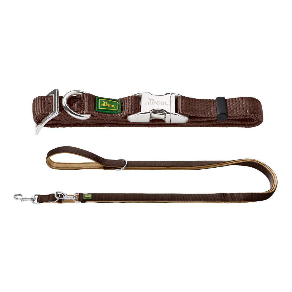 HUNTER neoprenowa smycz dla psa, brązowa/karmelowa - Pakiet: smycz neoprenowa + obroża Vario Basic Alu-Strong M