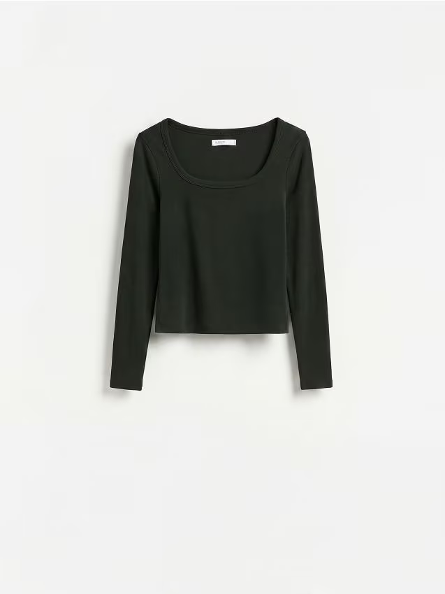 Reserved - Gładki longsleeve z bawełną - ciemnozielony