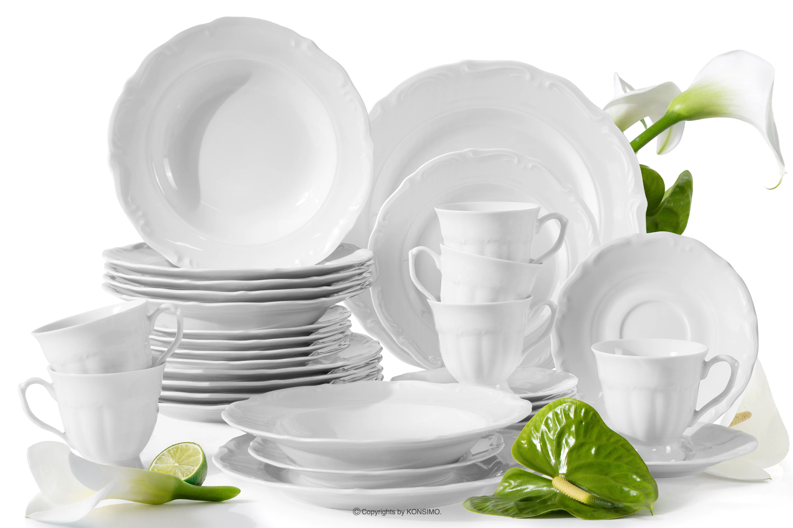 Klasyczny zestaw obiadowo-kawowy z porcelany 6 os. (30 el.) biały MARIA TERESA