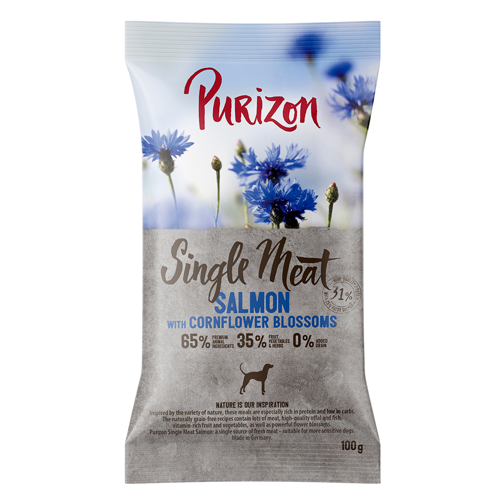 Purizon Single Meat Adult, łosoś ze szpinakiem i kwiatami chabru - 100 g miniaturka