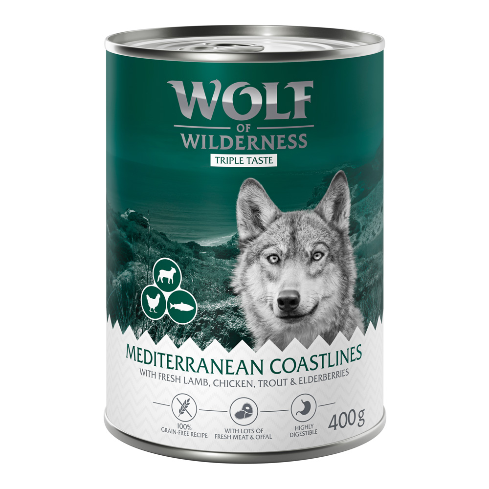 Korzystny pakiet Wolf of Wilderness „The Taste Of", 12 x 400 g - The Taste Of The Mediterranean – jagnięcina, kurczak, pstrąg