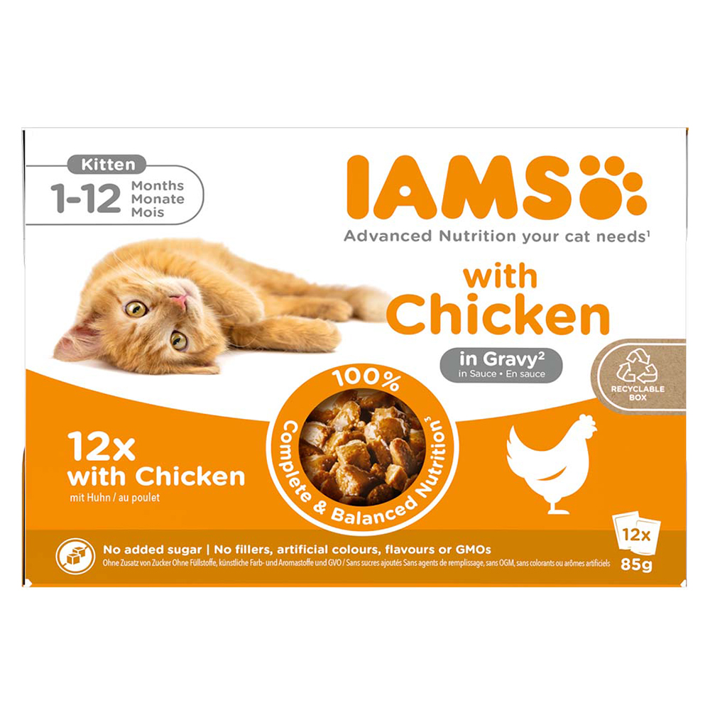 36 + 12 gratis! IAMS Advanced Nutrition, karma mokra dla kota, 48 x 85 g - Kitten, kurczak w sosie