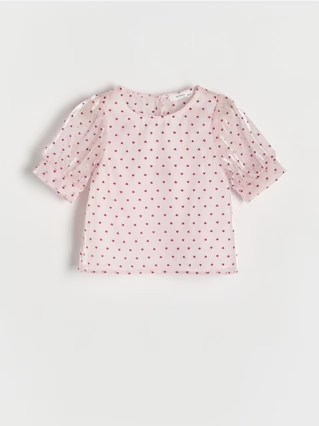 Reserved - Wzorzysta bluzka z bufkami - pastelowy róż miniaturka