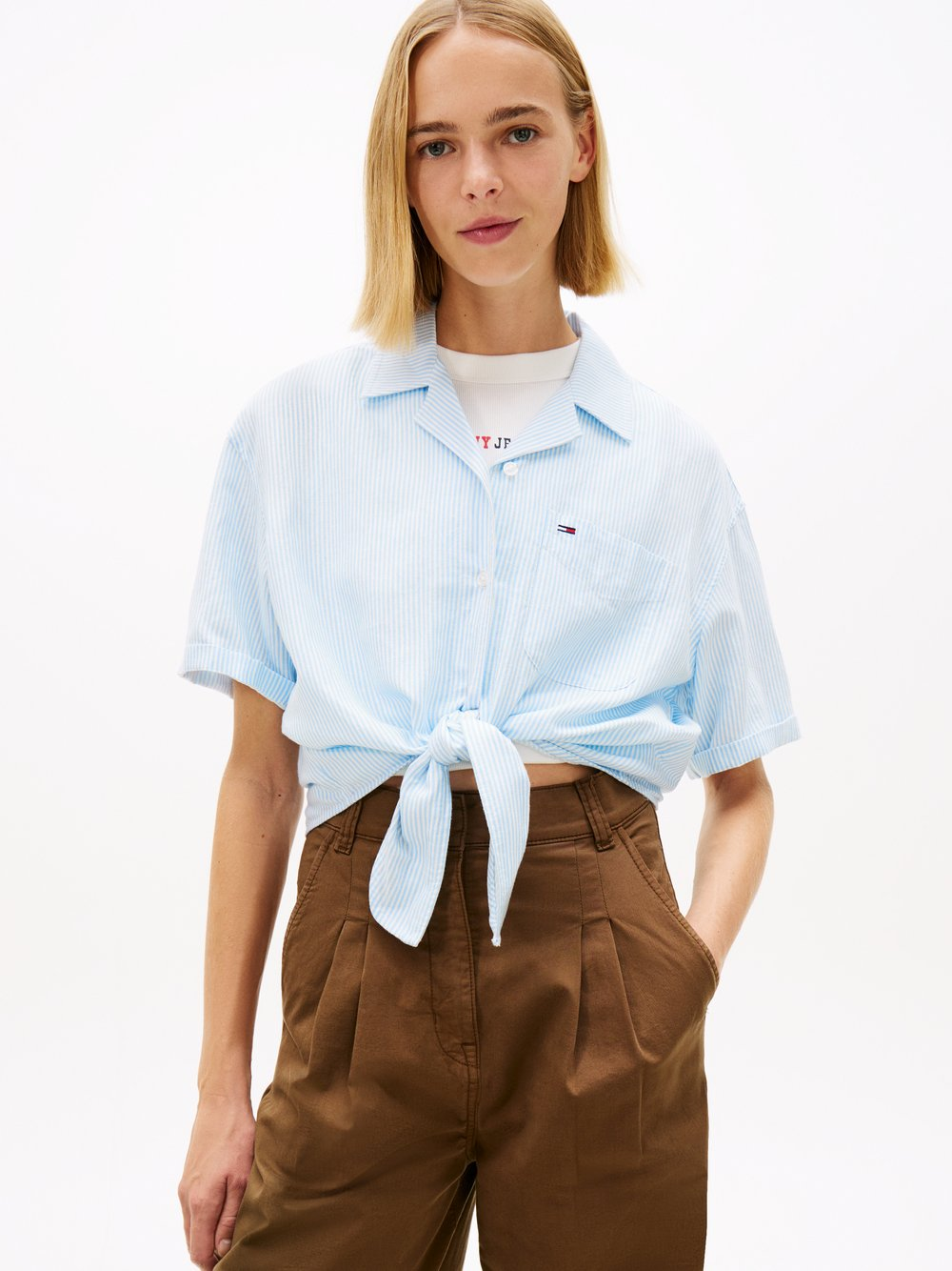 Tommy Jeans Damska bluzka kopertowa z lnem Kobiety len niebieski, S