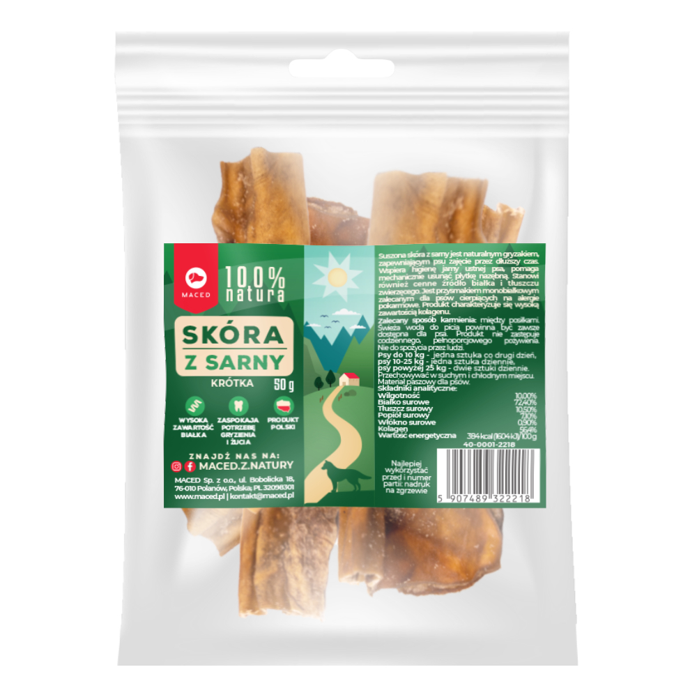 Potrójne zoopunkty! Maced, przysmaki dla psa, różne rodzaje - Skóra z sarny, 50 g (ok. 6-14 cm)
