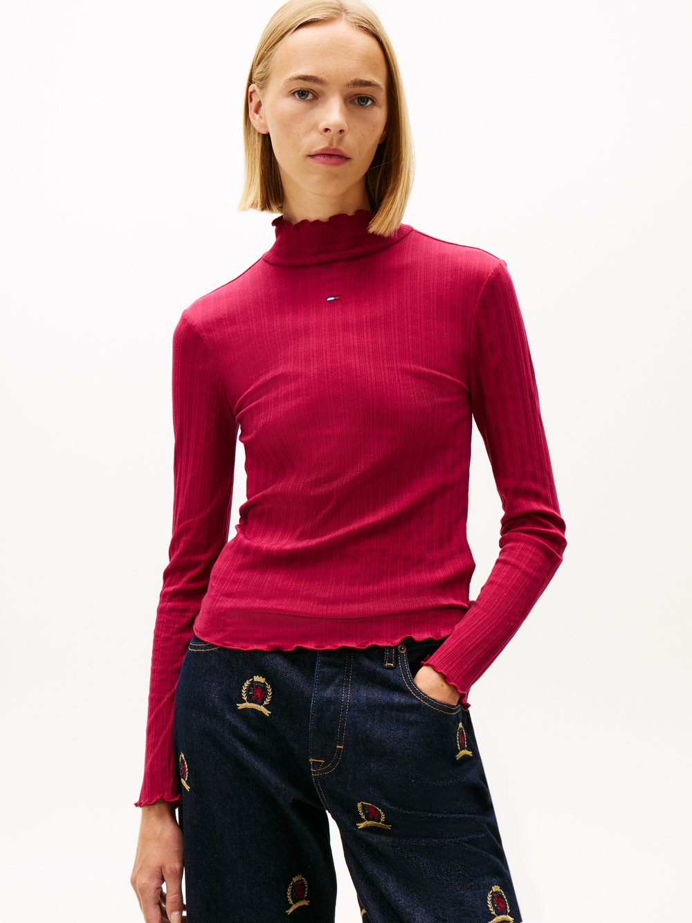 Tommy Jeans Damska koszulka z długim rękawem Kobiety Bawełna czerwony, S