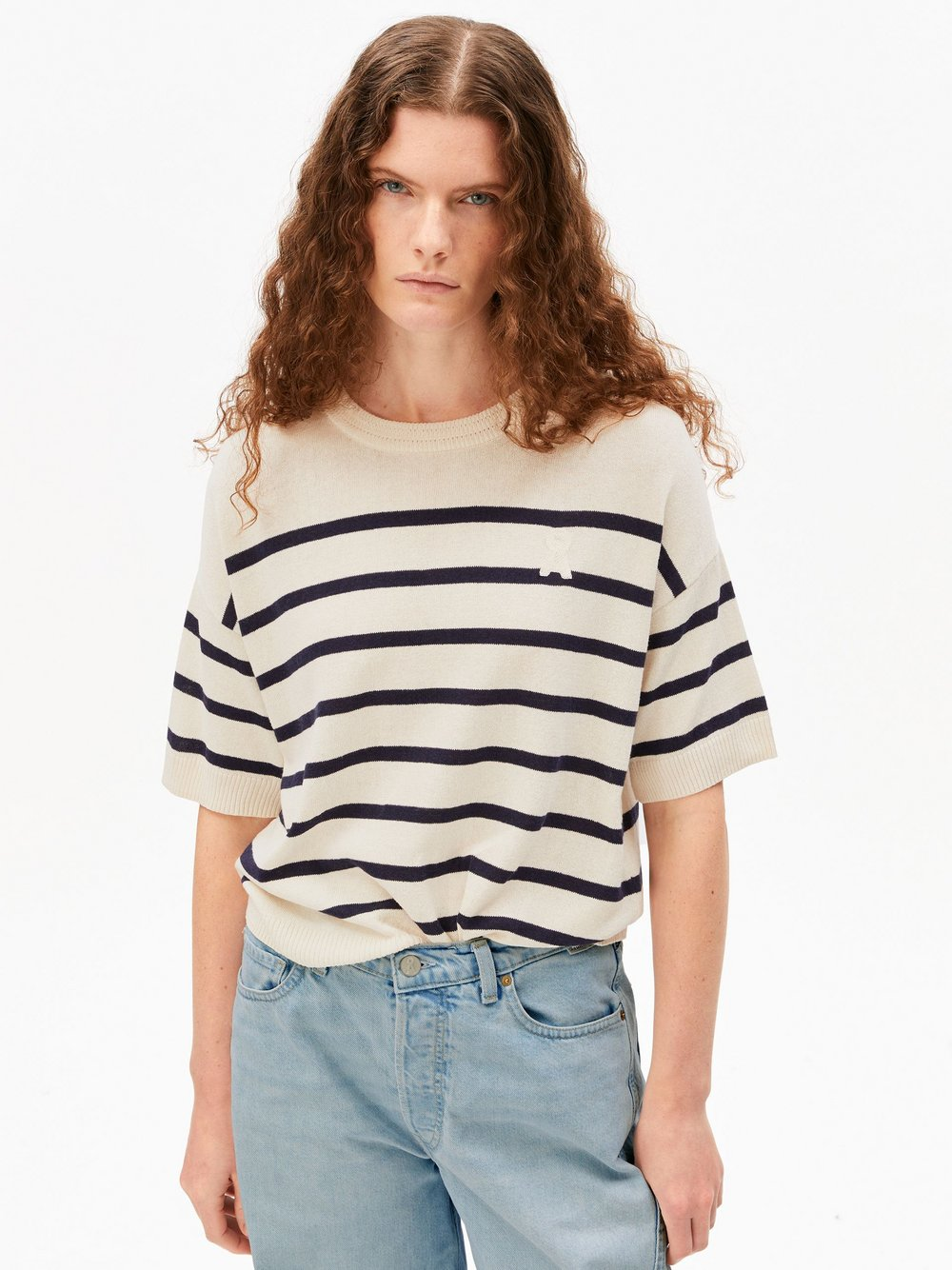 ARMEDANGELS Damska koszula z dzianiny z zawartością lnu - Stripe Linen Blend Kobiety beżowy, XL