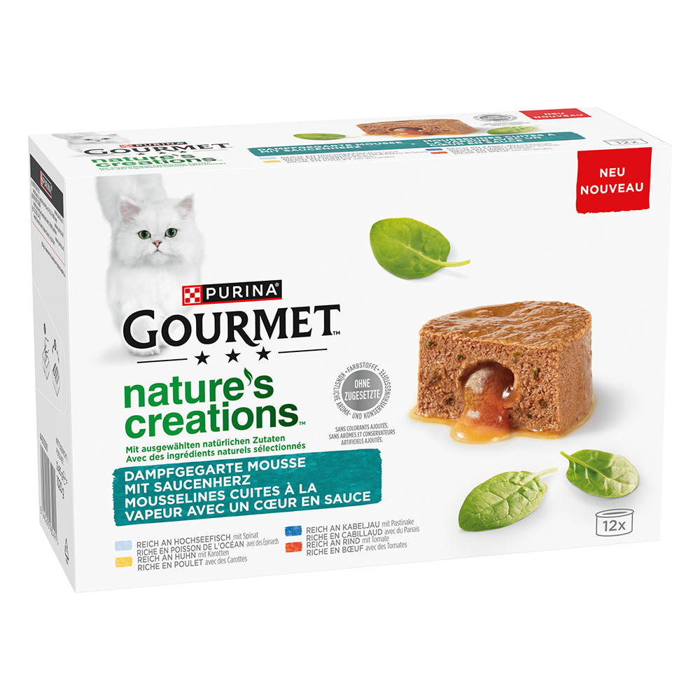 18 + 6 / 24 + 8 / 36 + 12 gratis! Gourmet, karma mokra dla kota, 24 x 50 g / 32 x 85 g / 48 x 85 g - 48 x 85 g Nature's Creations Gravy Heart w puszkach: ryba morska, kurczak, dorsz i wołowina (36 + 12 gratis!)