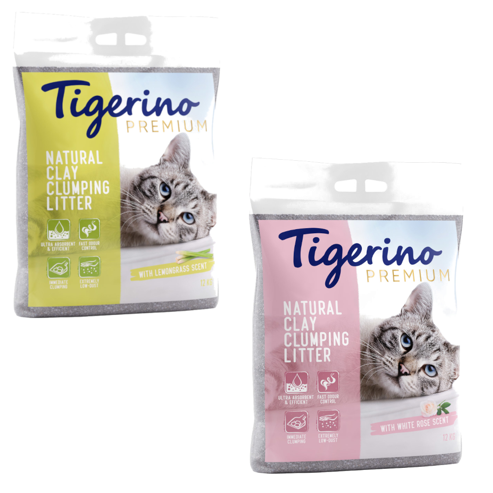 Korzystny dwupak: Tigerino, żwirek dla kota, 2 x 12 kg - Pakiet mieszany: biała róża + trawa cytrynowa