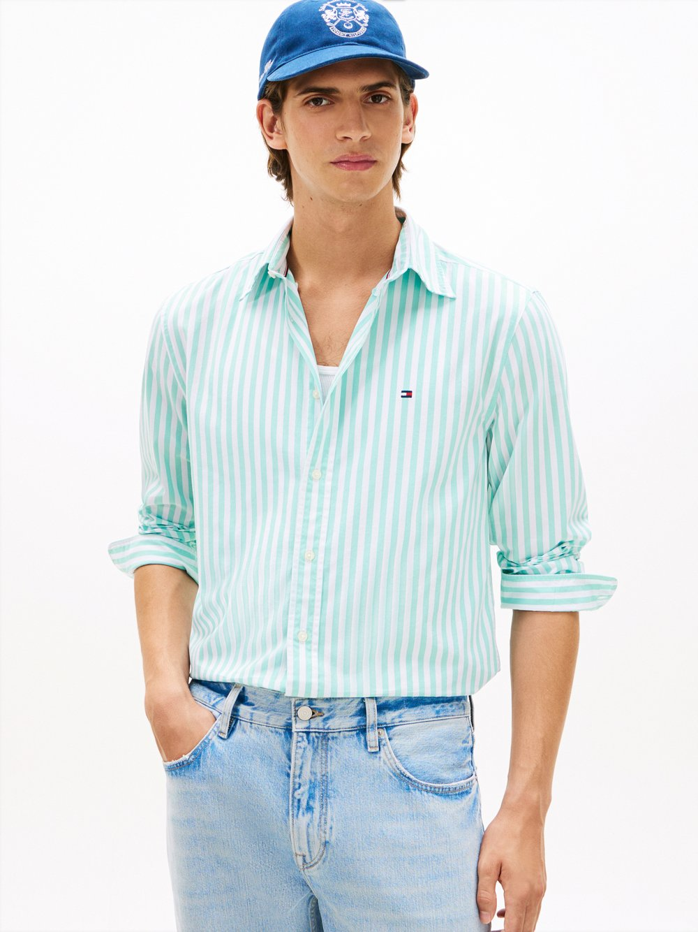 Tommy Hilfiger Męska koszula casual Mężczyźni Regular Fit Bawełna biały|zielony, XL