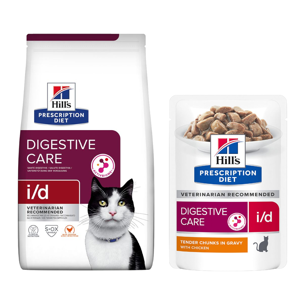 Hill's Prescription Diet Feline: karma sucha, 8 kg + karma mokra gratis! - i/d Digestive Care z kurczakiem + i/d Digestive Care, kurczak w sosie, 12 x 85 g