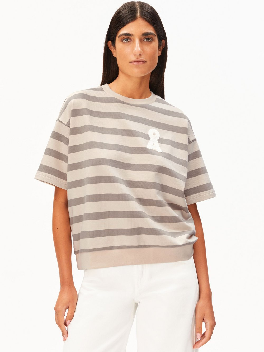 ARMEDANGELS Damska bluza z krótkim rękawem - Bamikaa Stripe Kobiety Bawełna (100%) biały|szary, L
