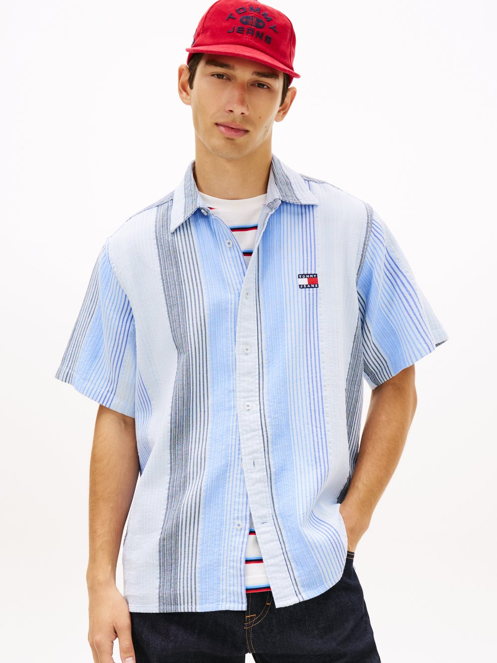 Tommy Jeans Męska koszula bawełniana Mężczyźni Comfort Fit Bawełna (100%) niebieski, XXL