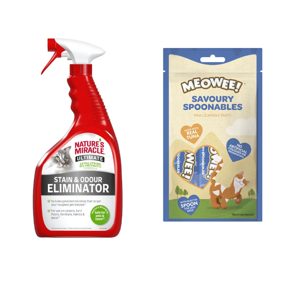 Nature's Miracle, 709 ml / 946 ml + Meowee! Savoury Spoonables, Tuńczyk, 8 x 14 g gratis! - Ultimate usuwacz plam i zapachów po kotach, 946 ml